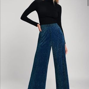 Blue metallic wide leg pants